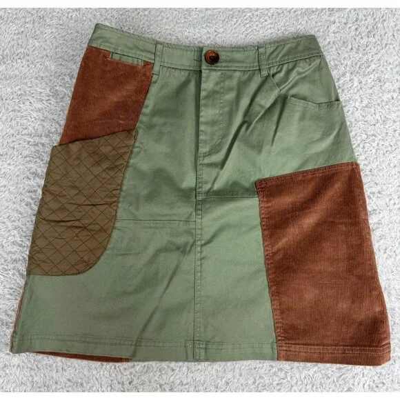Anthropologie Meadow Rue Patchwork A-Line Skirt Sz 4 Cotton Blend Green/Brown - Picture 3 of 16